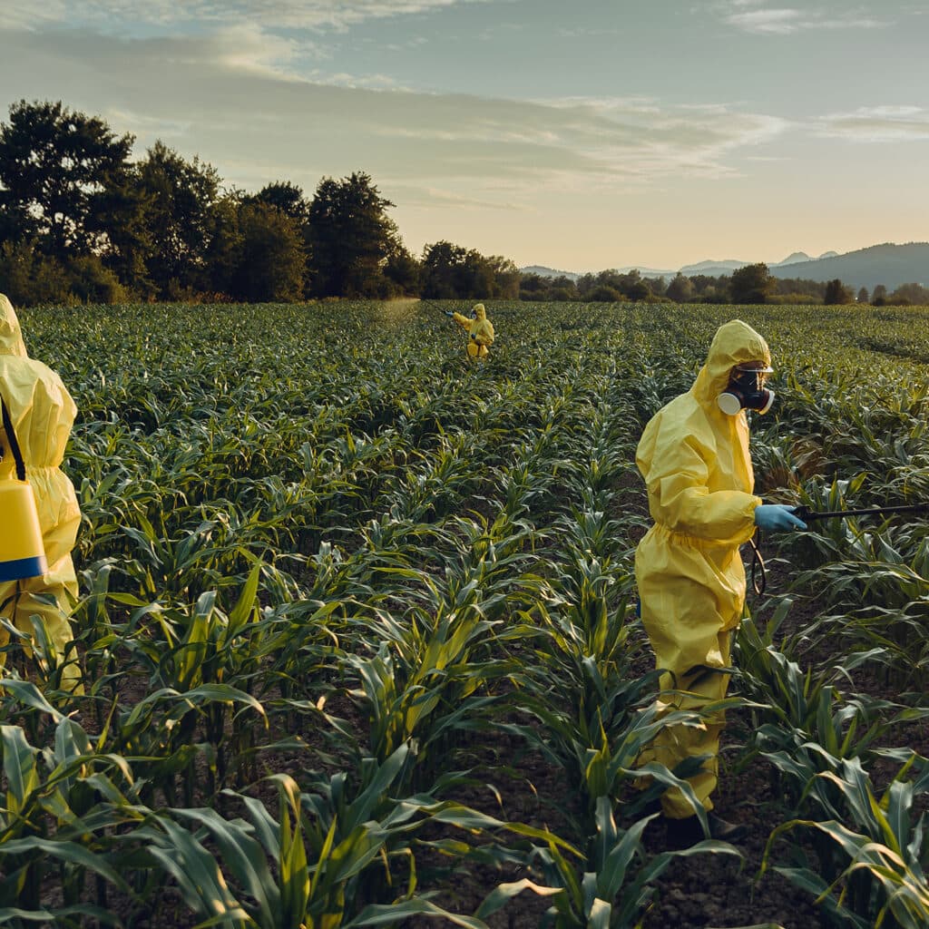Bilden visar två personer klädda i skyddsdräkter av färgen gul, som arbetar på ett fält. De bär båda ...