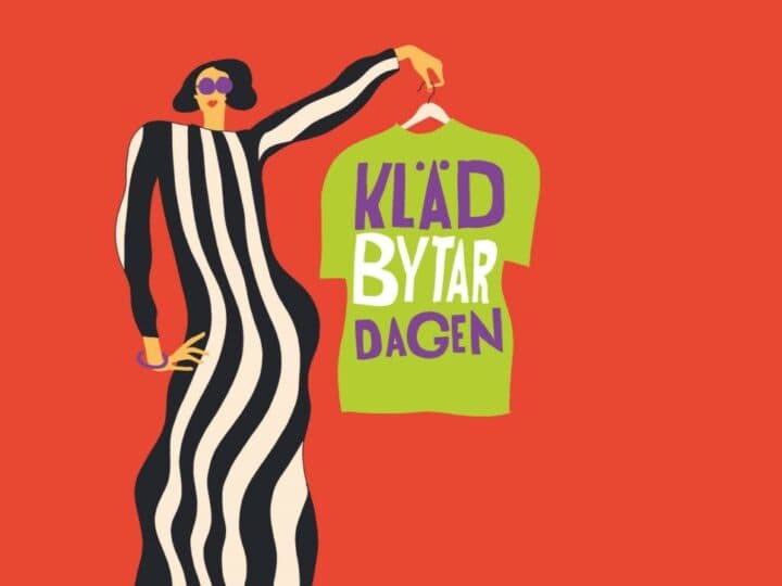 Bilden visar en illustration av en person i en randig klänning som håller upp en grön t-shirt med ...