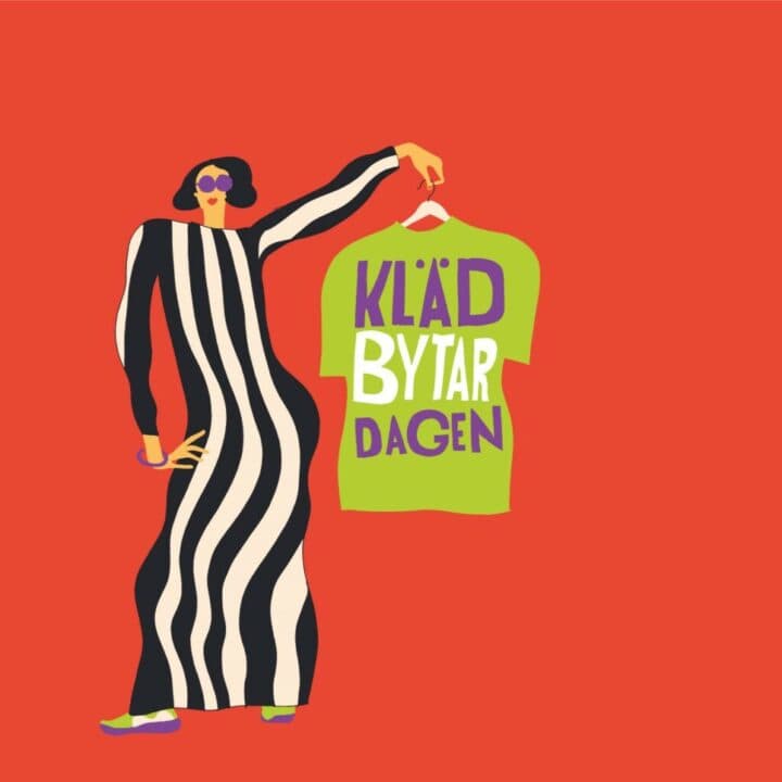 Bilden visar en illustration av en person i en randig klänning som håller upp en grön t-shirt med ...