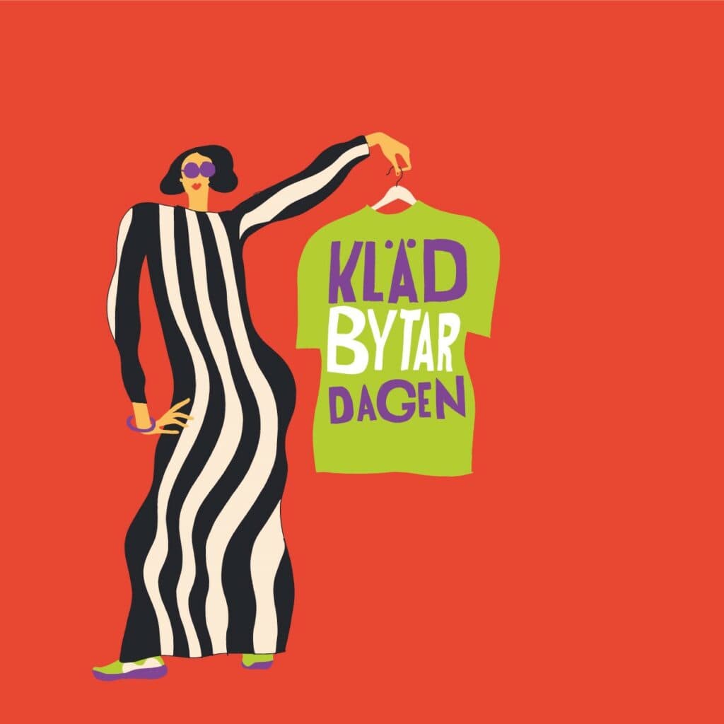 Bilden visar en illustration av en person i en randig klänning som håller upp en grön t-shirt med ...